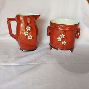 Vintage MCM Czechoslovakia Eleanor Pitcher Bucket Apple Blossom Red Black Set